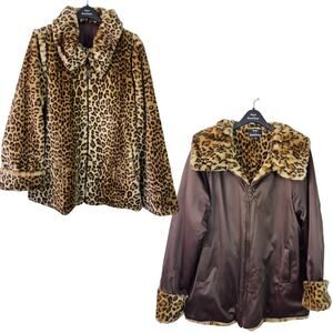 Dennis Basso Brown Gold Leopard Reversible Zip Front Faux Fur Coat Jacket NEW M